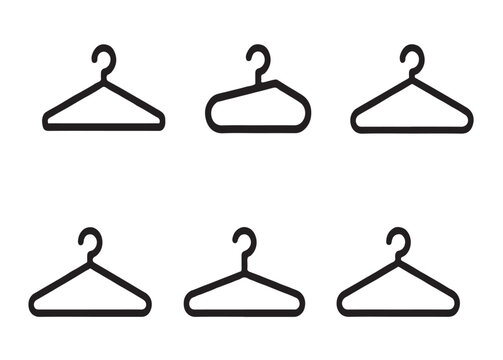 Essential clothes hanger thin line icons set for retail fashion boutique and home closet storage solutions.