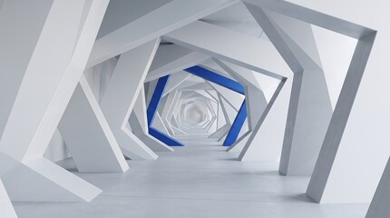 Fototapeta premium Abstract geometric white hallway with blue accents, modern architectural 3D render, futuristic tunnel corridor, minimalist space design