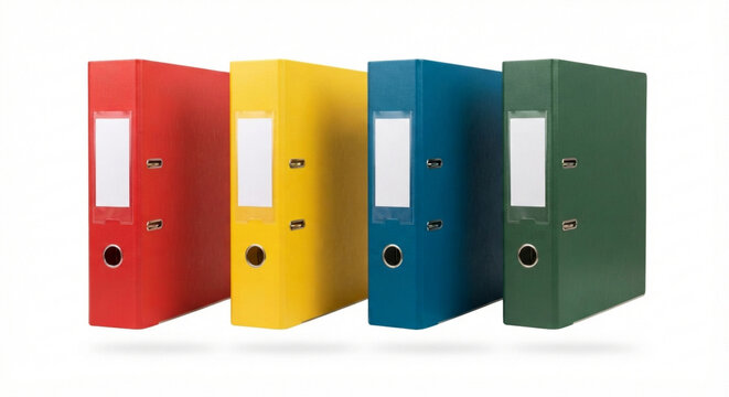 Four colorful ring binders with label holders, isolated on transparent background