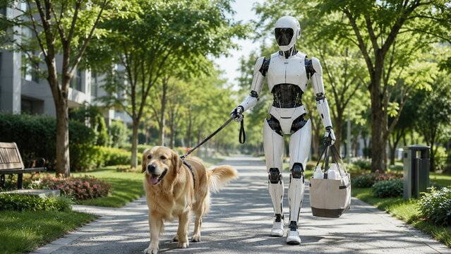 人型ロボットが犬を連れて緑豊かな公園の遊歩道を散歩し買い物をする未来の風景