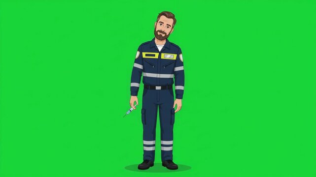 Cartoon illustration of a male paramedic or emergency medical technician holding a syringe on a green screen background.