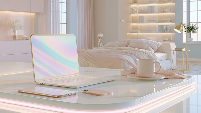 Holographic screen laptop and phone mockup in a pastel bedroom