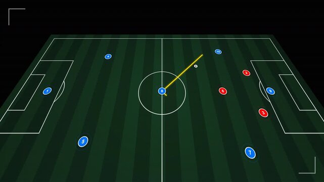 Soccer field tactical board animation with player positions and yellow passing lines, suitable for sports analysis, coaching tutorials and football strategy presentations