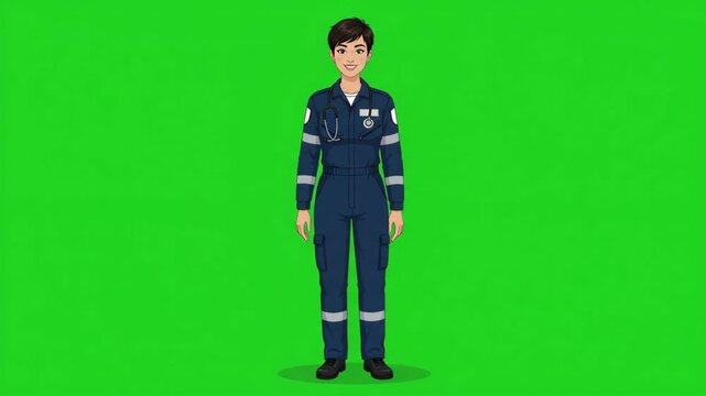 Female paramedic in uniform standing on a green screen, ready to provide medical assistance.