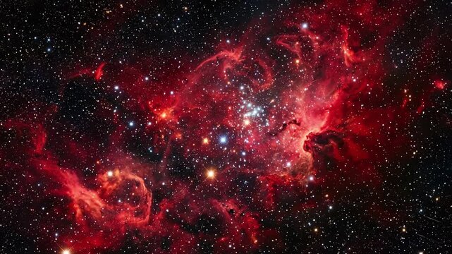 Red nebula clouds and star clusters drifting in deep space