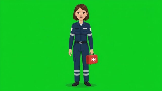 Female paramedic in uniform holding a first aid kit, standing on a green screen background, ready to provide emergency medical assistance.
