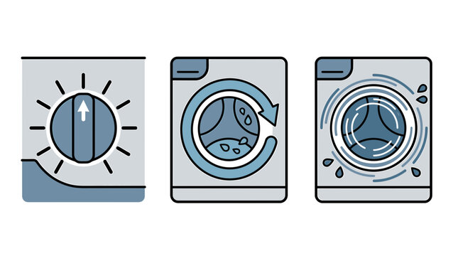 Washing machine icon set vector showing control dial knob cycle rotation arrow and water spin cycle for laundry app design