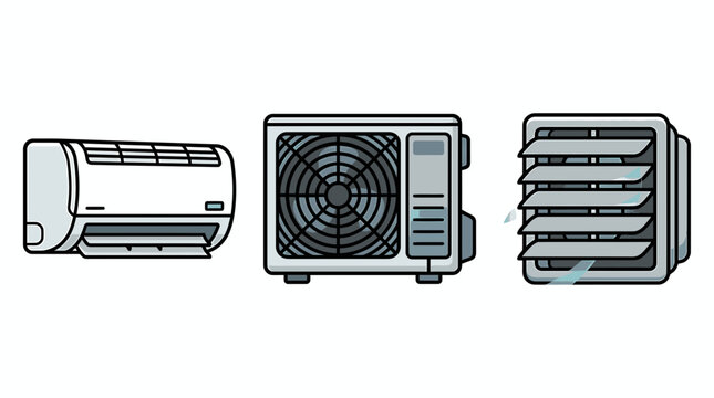 Air conditioner system vector illustration set showing indoor split unit outdoor compressor and ventilation exhaust fan