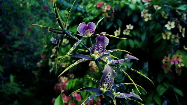 Exotic purple spider orchid flowers blooming in lush tropical garden closeup