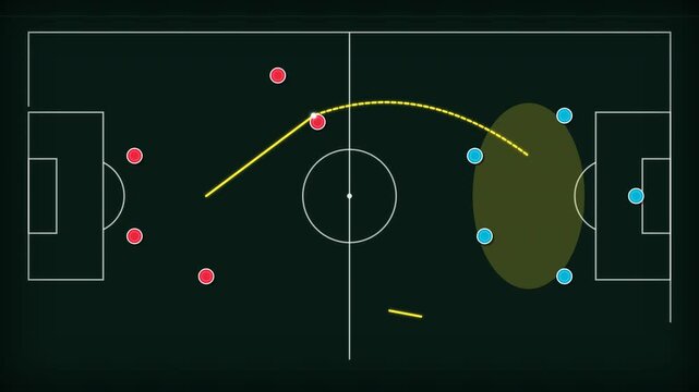 Minimalist tactical soccer whiteboard diagram with player positions and yellow movement vectors, concept for sports analytics, coaching strategy and match planning