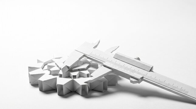 Minimalist paper caliper measuring abstract gear, representing engineering precision and design.