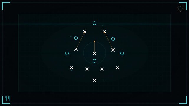 Futuristic HUD style American football tactical diagram animation on a dark grid, suitable for sports broadcasts, coaching videos and gaming overlays