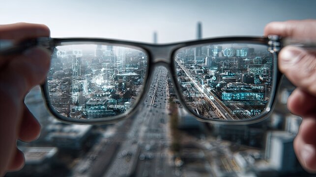 Augmented reality glasses displaying interactive digital information over a real-world cityscape, blending advanced technology with modern lifestyle and a sleek futuristic aesthetic.	