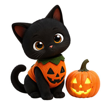Adorable black cat character wearing a pumpkin costume sitting next to a glowing jack-o'-lantern. 3D cartoon style Halloween illustration, isolated on transparent background.