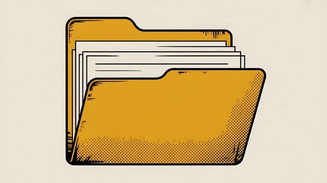Yellow file folder with halftone dots containing documents, grunge comic book style 