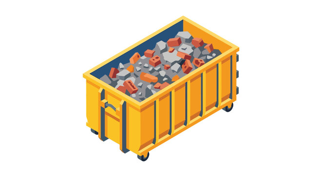 Isometric Yellow Skip Bin with Construction Debris and Bricks