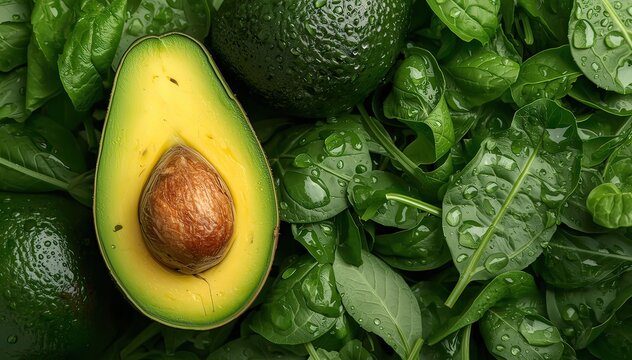fresh cut avocado with pit on green spinach leaves with water droplets top view