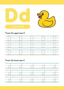 Printable letter D tracing worksheet featuring uppercase and lowercase letters. Educational handwriting practice activity with dotted guidelines, designed for preschool, kindergarten, and early childh