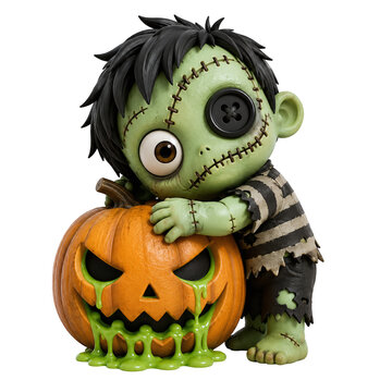 Cute 3D zombie boy character hugging a spooky Halloween pumpkin with green slime. Stitched monster kid illustration isolated on transparent background.