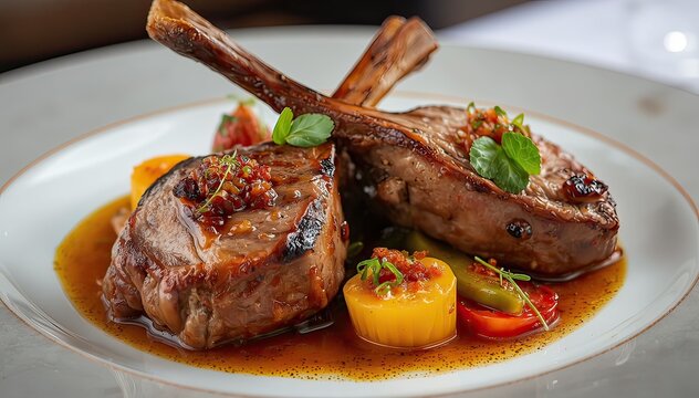 grilled lamb chops with gourmet sauce and vegetables served on a white plate in a restaurant setting