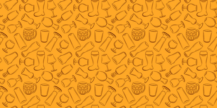 Seamless beer glass and beverage pattern in orange line art style. Repeating pub and celebration background texture. Vector illustration for textile, wallpaper and packaging design.