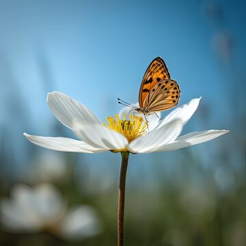 orange butterfly perched on a white cosmos flower under a clear blue sky