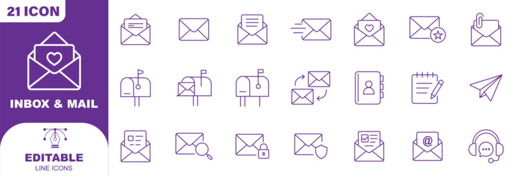 Email Web Icon Set in Line Style. Collection of E-mail and Letter Linear Icons, Including mail, envelope, email, postal, letter sent, inbox, new mail, reply and forward mail and more. Editable Stroke