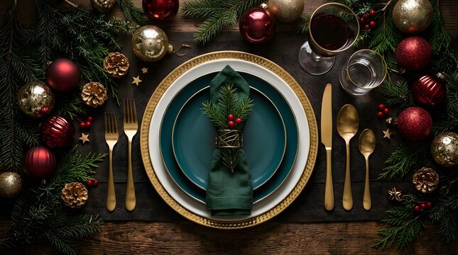 Elegant christmas table setting with gold accents and festive holiday decorations
