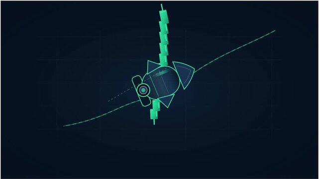Futuristic technological concept featuring a glowing abstract spacecraft navigating through a digital financial candlestick chart against a deep dark background
