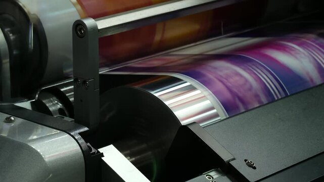 Large industrial offset printing machine prints image on packaging film. tech industrial technology background
