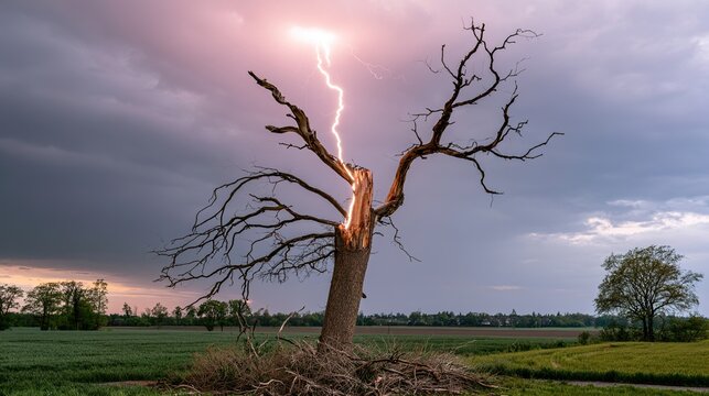 charred. Lightning strike hitting a solitary tree during a thunderstorm. ESG reports, sustainability campaigns, designed for environmental awareness campaigns, promotes sustainability.