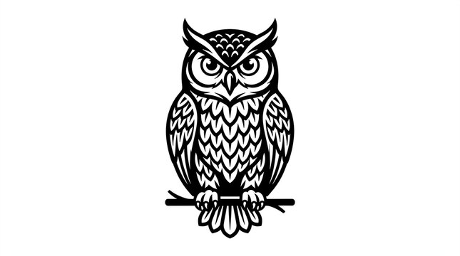 Wise great horned owl vector illustration featuring bold black ink lines and minimalist aesthetic on a clean white background, capturing detailed sharp feathers and intense stare in a vector style.