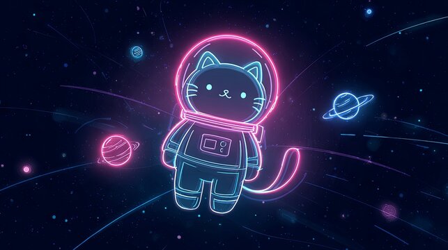 Playful cartoon cat astronaut drifting through outer space, surrounded by glowing planets and twinkling stars, featuring a futuristic design, vivid neon hues, and a whimsical sci-fi atmosphere