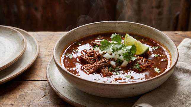 Authentic Mexican Birria Consome Stew Beef Shredded Meat Bowl Traditional Recipe Homemade Slow Cooked Spicy Chili Broth Fresh Cilantro White Onion Lime Wedge Rustic Ceramic Dinnerware Wooden Tabletop