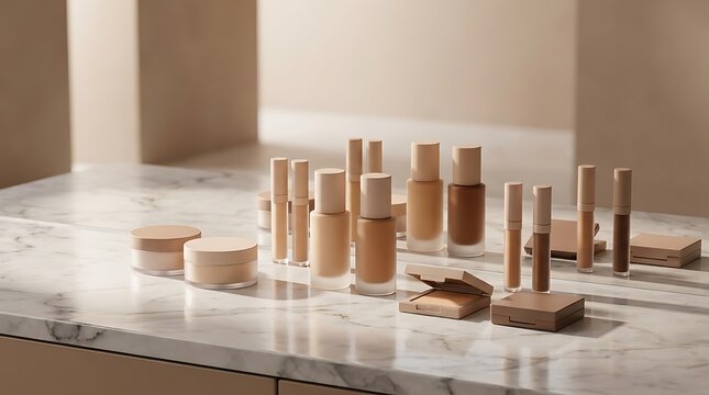 Collection of various liquid foundation bottles and makeup products on a marble surface. global complexion collection