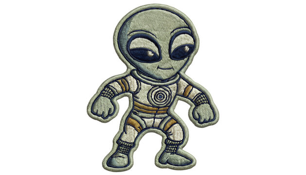 Vintage embroidered friendly alien patch, small green extraterrestrial character with large expressive eyes wearing a simple retro space suit, standing in a playful confident pose, detailed stitched 