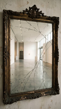 Ornate Antique Gold Mirror with Cracked Glass Reflecting a Modern Minimalist Gallery Space