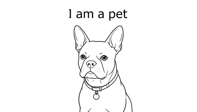 Black-and-white line drawing of short-haired dog resembling French Bulldog with upright ears wearing collar and circular tag, text above reading I am a pet, simple clean illustration style