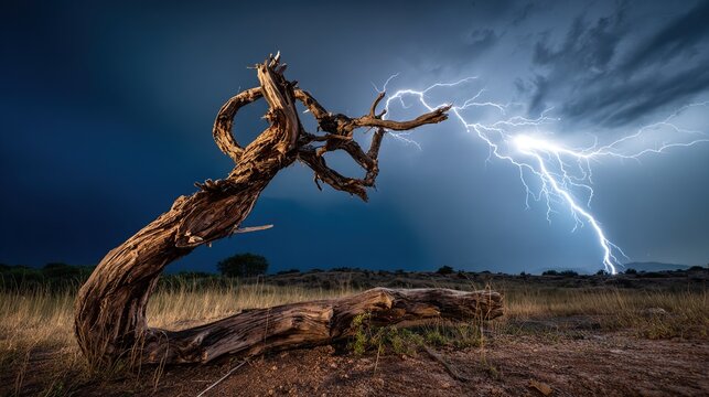 charred. Lightning strike hitting a solitary tree during a thunderstorm. ESG reports, sustainability campaigns, designed for environmental awareness campaigns, promotes sustainability.