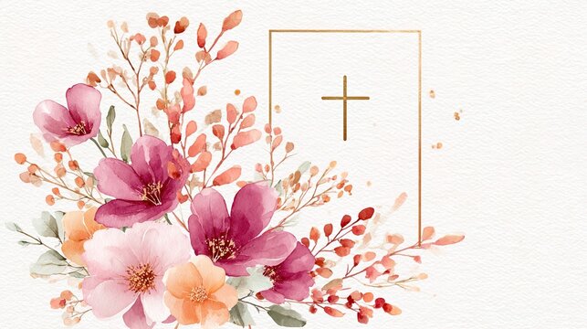 Watercolor floral arrangement with golden frame and Christian cross, ideal for premium Easter church service invitation, luxury wedding missal cover or religious funeral program template