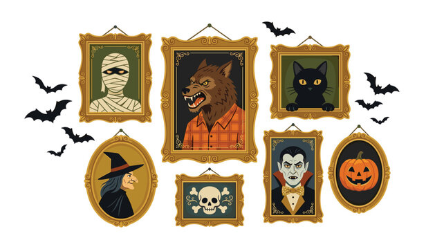 Halloween spooky vintage monster portraits collection set with werewolf vampire mummy witch skull and black cat vector illustration