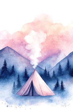 Watercolor winter camping illustration with tent and smoky bonfire in snowy mountains, ideal for outdoor adventure mobile app splash screen, winter tourism agency catalog or travel mug print