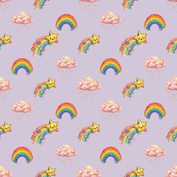 A whimsical seamless pattern featuring colorful rainbows, adorable smiling stars on a rainbow trail, and fluffy pink clouds on a soft lavender background.