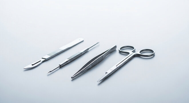 Professional surgical instruments including scalpels, forceps, and scissors arranged neatly on a metallic surface ready for a medical procedure in a hospital operating theater environment