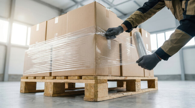 Cardboard box pallet worker warehouse packaging material wrapped for shipment with stretch film, showing organized logistics and careful handling