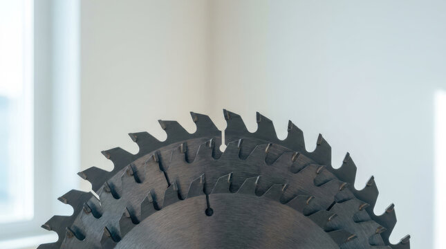 Circular saw blade with sharp teeth isolated against bright background, showing industrial cutting equipment and metal texture in close up detail