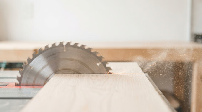 Circular saw blade cutting wood with flying sawdust in woodworking workshop