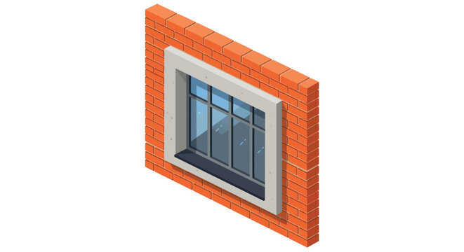 Isometric window in red brick wall isolated on white background