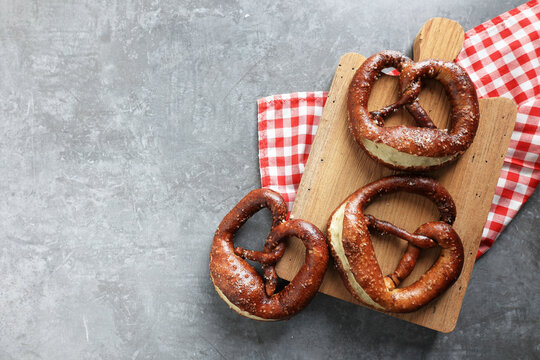 Top View Bavarian Pretzel pn Metal Background