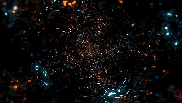 Abstract dark background with glowing orange and blue particle lights and reflections